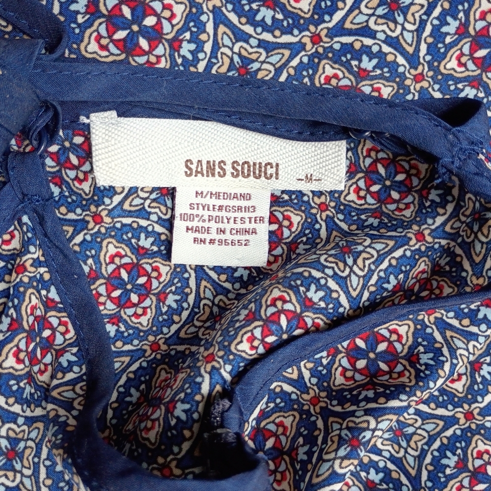Sans Souci Boho Jumpsuit Blue Red Kaleidoscope Patterned Spaghetti Strap Size M - Picture 2 of 4